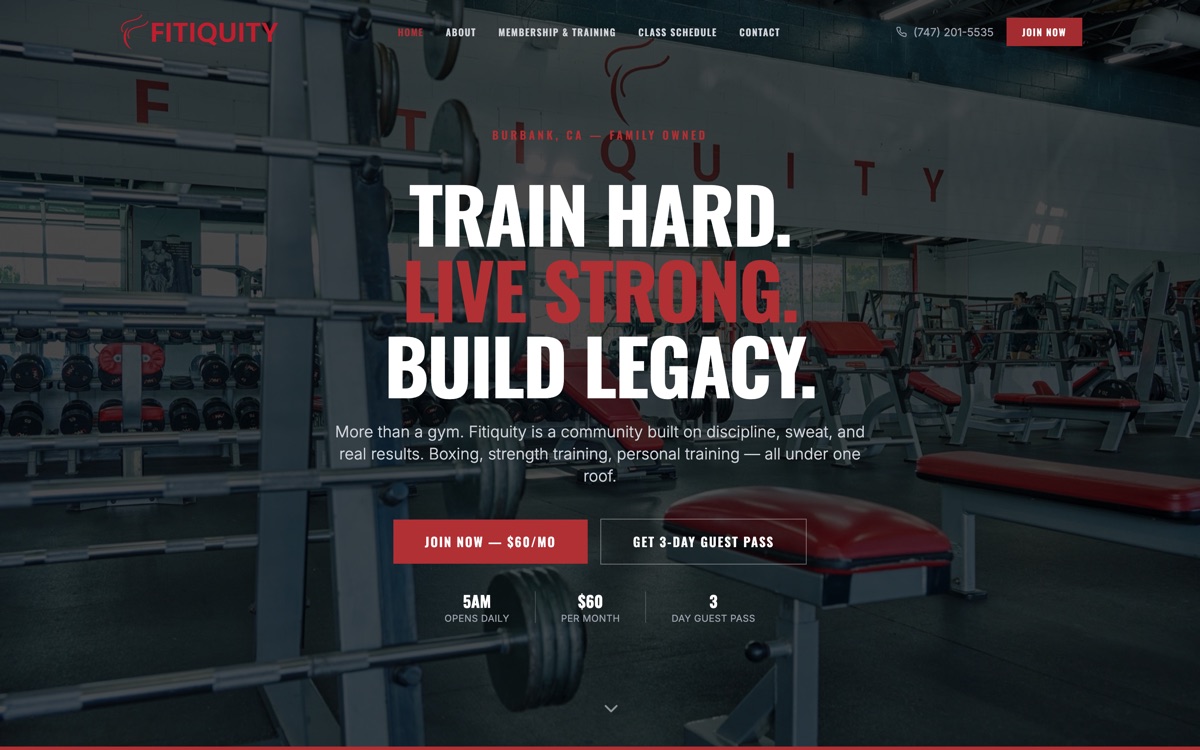 Fitiquity homepage: Train Hard, Live Strong, Build Legacy